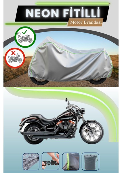 Gri Arka Çanta Uyumlu Neon Fitilli Kawasaki Vn 900 Custom Special Uyumlu Motosiklet Brandası