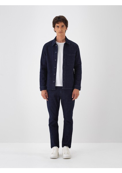 Erkek Lacivert Pamuk Dokulu Slim Fit Denim Pantolon