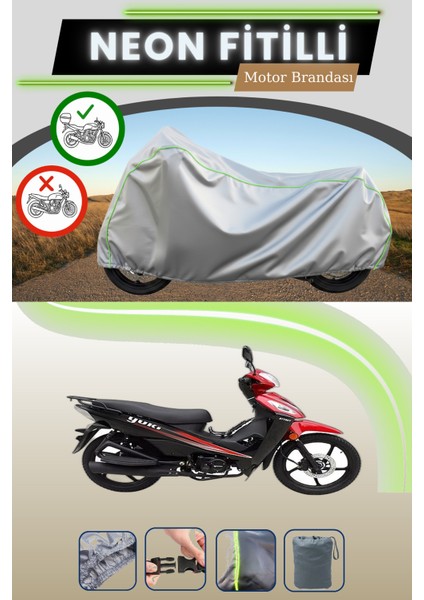 Gri Arka Çanta Uyumlu Neon Fitilli Yuki Attact 100 Uyumlu Motosiklet Brandası