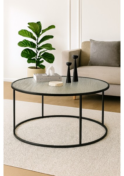 Berlin Nervürlü Camlı Siyah 80CM - Metal Çerçeveli Cam Yuvarlak Orta Sehpa - Modern ve Şık Tasarım