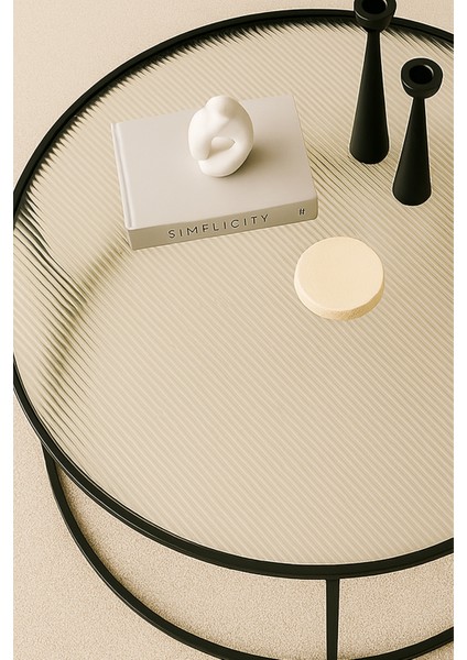 Berlin Nervürlü Camlı Siyah 80CM - Metal Çerçeveli Cam Yuvarlak Orta Sehpa - Modern ve Şık Tasarım fiyatları