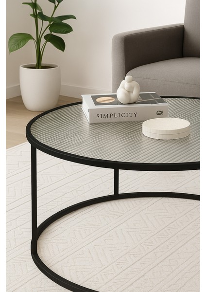 Berlin Nervürlü Camlı Siyah 80CM - Metal Çerçeveli Cam Yuvarlak Orta Sehpa - Modern ve Şık Tasarım modelleri