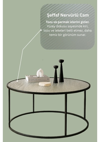Berlin Nervürlü Camlı Siyah 80CM - Metal Çerçeveli Cam Yuvarlak Orta Sehpa - Modern ve Şık Tasarım fırsatları