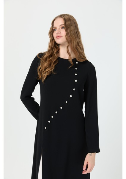 Oval Kapmalı Yırtmaçlı Pantolonlu Takım Ekru fırsatları