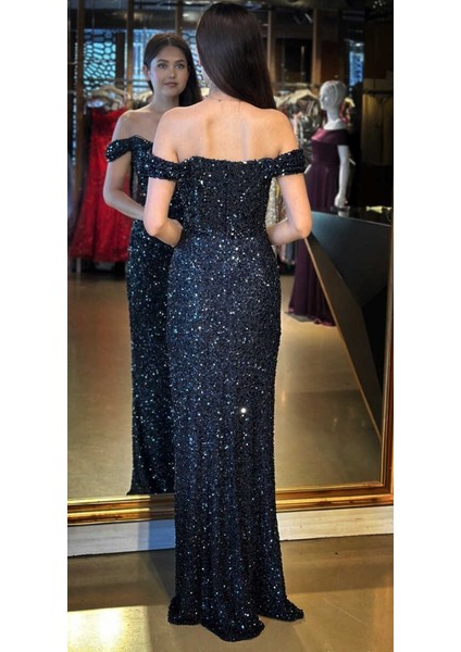 Lacivert Madonna Yaka Düz Kesim Payet Uzun Abiye Elbise 11085 fırsatları