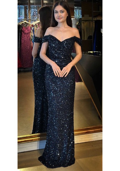 Lacivert Madonna Yaka Düz Kesim Payet Uzun Abiye Elbise 11085 indirimleri