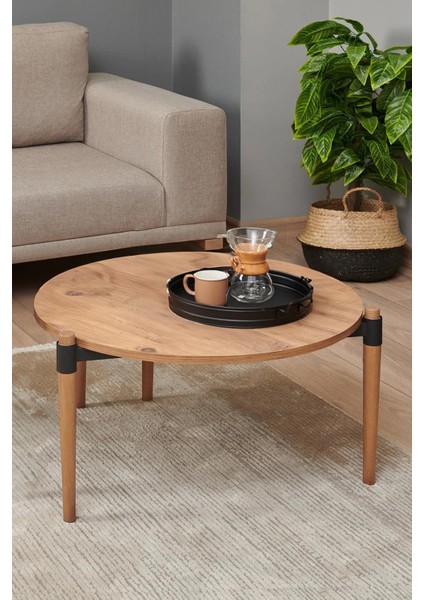 Zone Yuvarlak Orta Sehpa - Ahşap Ayaklı Bohem Tarz