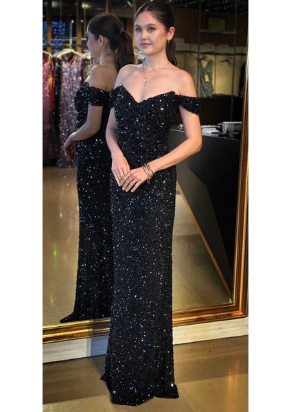 Siyah Madonna Yaka Düz Kesim Payet Uzun Abiye Elbise 11085