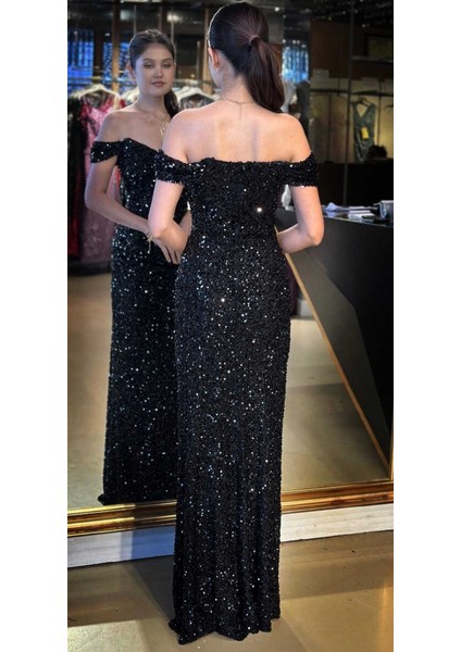 Siyah Madonna Yaka Düz Kesim Payet Uzun Abiye Elbise 11085 fırsatları