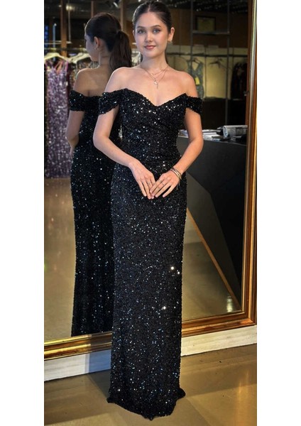 Siyah Madonna Yaka Düz Kesim Payet Uzun Abiye Elbise 11085 indirimleri