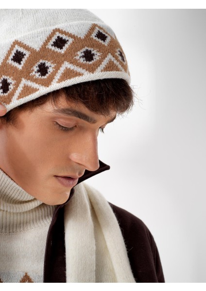 Erkek Ekru Doğal Yün Dokulu Standart Fit Bere