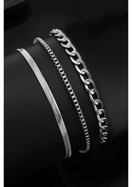 Paslanmaz 3 Adet Erkek Spor Çelik Bileklik Set (Italyan-Küp-Gurmet)