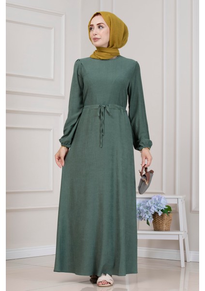 Beli Tünelli Fitilli Aslı Elbise-Yeşil
