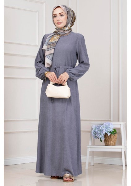 Beli Tünelli Fitilli Aslı Elbise-Gri