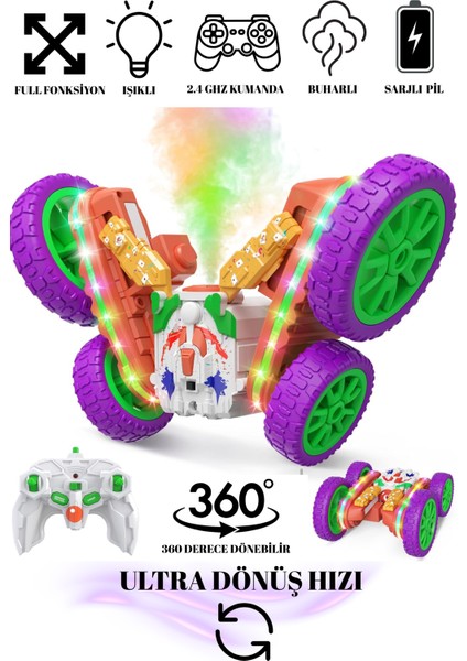 Uzaktan Kumandalı Araba Buhar Atan Şarjlı 2.4ghz Akrobat Rc 360° Dönen 4x4 Ledli