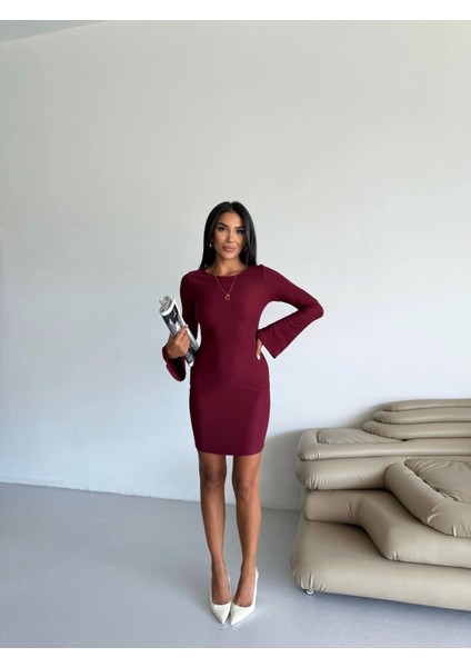 Prenses Kol Esnek Kumaş Elbise Bordo