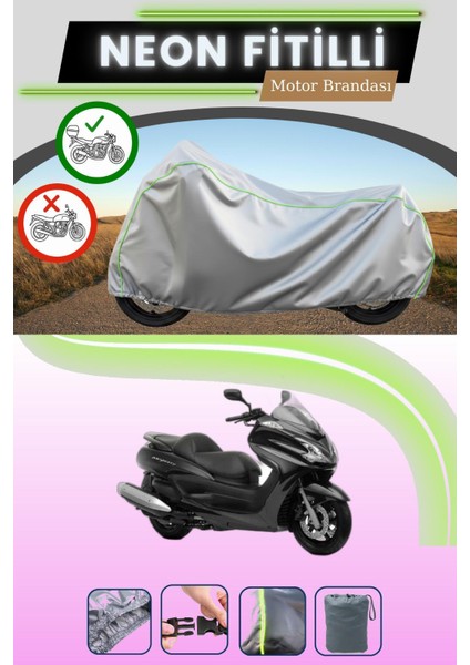 Gri Arka Çanta Uyumlu Neon Fitilli Yamaha Majesty 400 Uyumlu Motosiklet Brandası