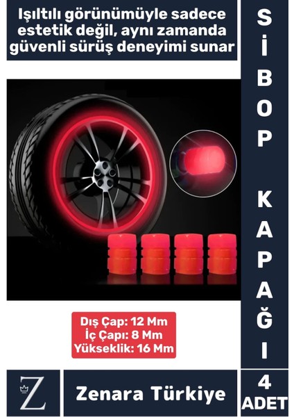 Tüm Otomobil Bisiklet Motosiklet Minibüslerle Uyumlu Kolay Montaj Fosforlu Sibop Kapağı 4 Adet