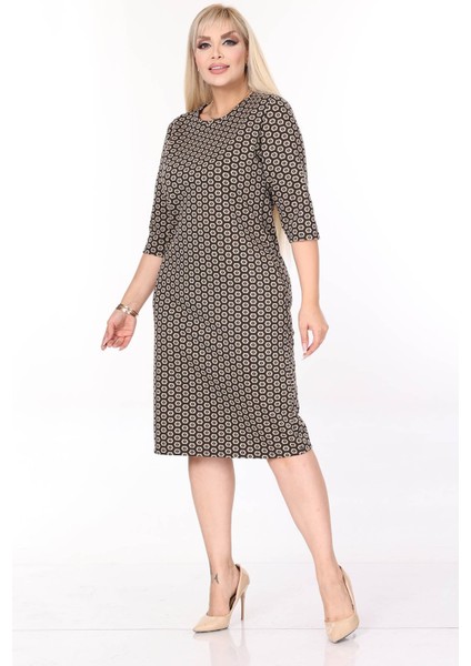 Çift Cepli Desenli Esnek Kışlık Büyük Beden Midi Elbise 36E-2705
