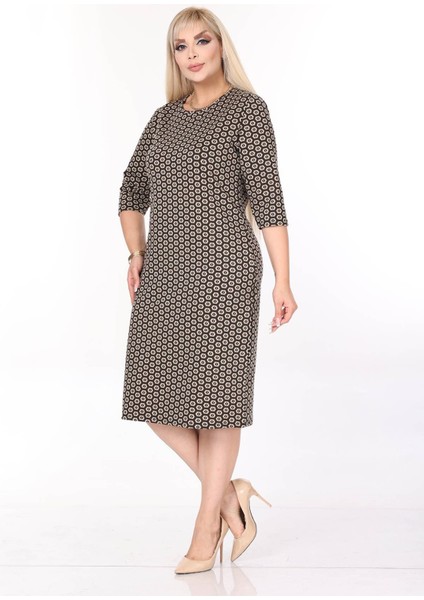 Çift Cepli Desenli Esnek Kışlık Büyük Beden Midi Elbise 36E-2705 fiyatları