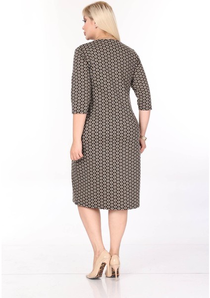 Çift Cepli Desenli Esnek Kışlık Büyük Beden Midi Elbise 36E-2705 indirimleri