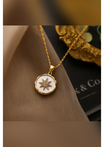 Kutup Yıldızı Çelik Kolye Kararmaz Gold Zirkon Taşlı Çelik Kolye