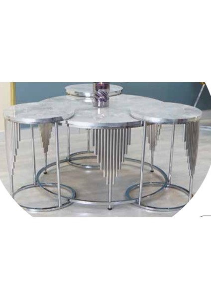 Mim Mermer Desenli - Gümüş Sütun 3+1 Orta Sehpa