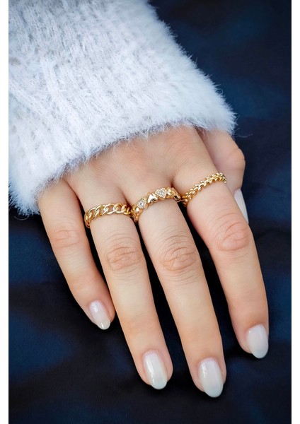 3'lü Gold Yüzük Zirkon Taşlı Kalp Sezar ve Zincir Model Gold Yüzük Set