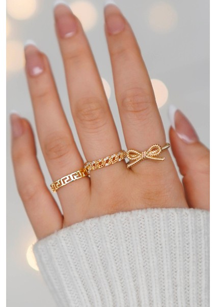 3'lü Zirkon Taşlı Zincir, Labirent ve Fiyonk Gold Ayarlanabilir Kadın Yüzük Set (2 Yüzük)