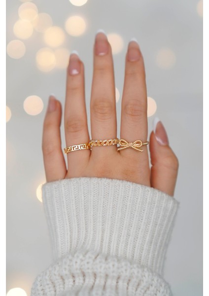 3'lü Zirkon Taşlı Zincir, Labirent ve Fiyonk Gold Ayarlanabilir Kadın Yüzük Set (2 Yüzük) fiyatları