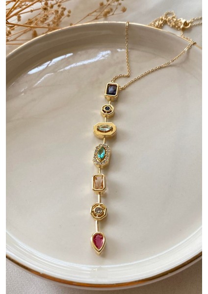 7 Renk Element Kristal Taşlı Y Şekilli Kolye Kararmaz Gold Kadın Kristal Taşlı Çelik Kolye
