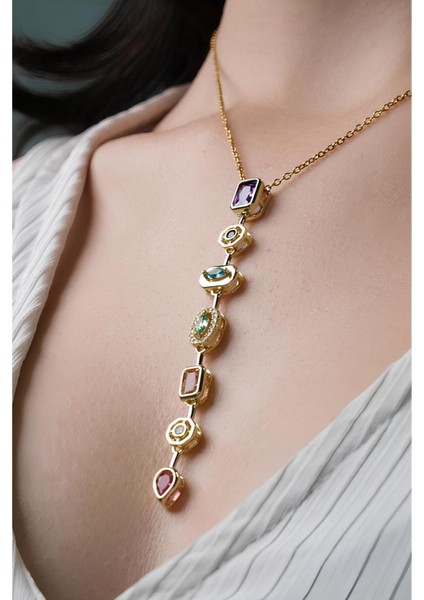 7 Renk Element Kristal Taşlı Y Şekilli Kolye Kararmaz Gold Kadın Kristal Taşlı Çelik Kolye fiyatları