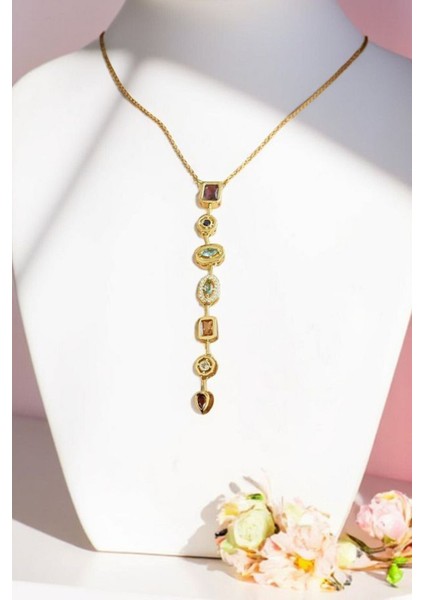 7 Renk Element Kristal Taşlı Y Şekilli Kolye Kararmaz Gold Kadın Kristal Taşlı Çelik Kolye