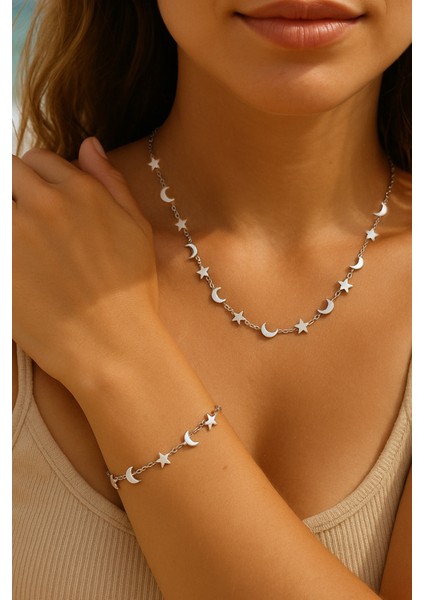 Kararmaz Paslanmaz Hilal Yıldız Figürlü Kadın Çelik Kolye Bileklik Set