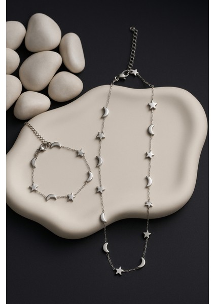 Kararmaz Paslanmaz Hilal Yıldız Figürlü Kadın Çelik Kolye Bileklik Set fiyatları