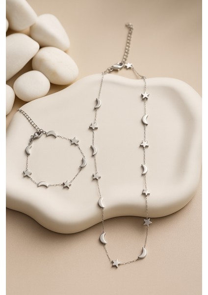 Kararmaz Paslanmaz Hilal Yıldız Figürlü Kadın Çelik Kolye Bileklik Set modelleri