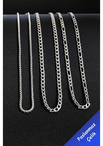 Paslanmaz Çelik Örme Gurmet Figaro Model 3'lü Erkek Spor Kolye Zincir Seti (Hediye Kutulu)