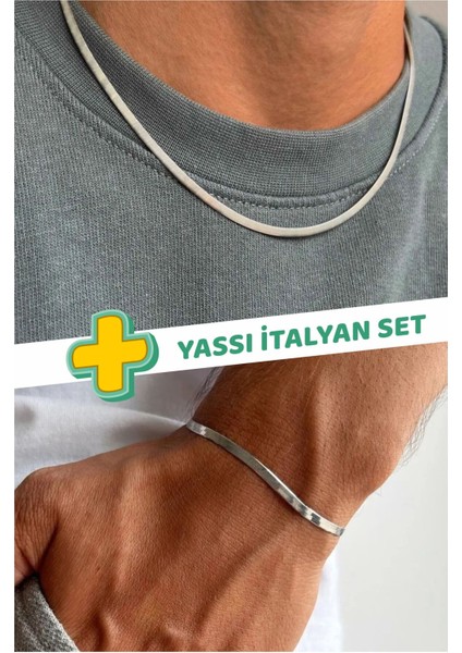 Unisex Kararmaz Paslanmaz Garantili Yassı Italyan Çelik Kolye Bileklik Set