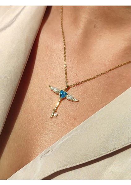 Mavi Zirkon Taşlı Kanatlı Anahtar Gold Çelik Kolye