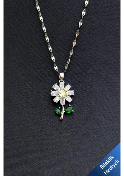 Gümüş Zirkon Taşlı Papatya Model Paslanmaz Çelik Kolye