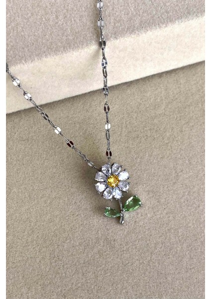 Gümüş Zirkon Taşlı Papatya Model Paslanmaz Çelik Kolye fiyatları
