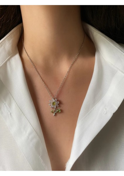 Gümüş Zirkon Taşlı Papatya Model Paslanmaz Çelik Kolye fırsatları