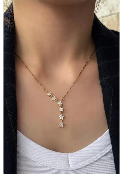 Kayan Yıldız Y Kolye Kararmaz Gold Kadın Zirkon Taşlı Çelik Kolye modelleri