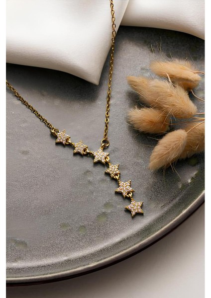 Kayan Yıldız Y Kolye Kararmaz Gold Kadın Zirkon Taşlı Çelik Kolye fırsatları