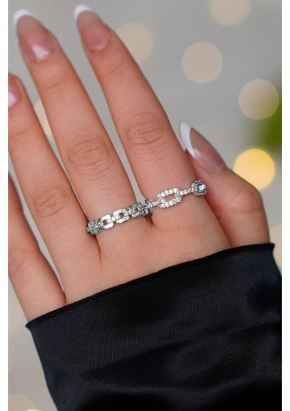 2'li Zirkon Taşlı Zincir Model Gümüş Ayarlanabilir Kadın Yüzük Set (2 Yüzük)