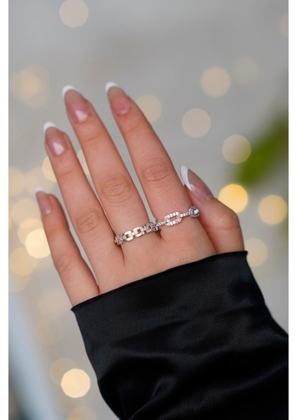2'li Zirkon Taşlı Zincir Model Gümüş Ayarlanabilir Kadın Yüzük Set (2 Yüzük) fiyatları