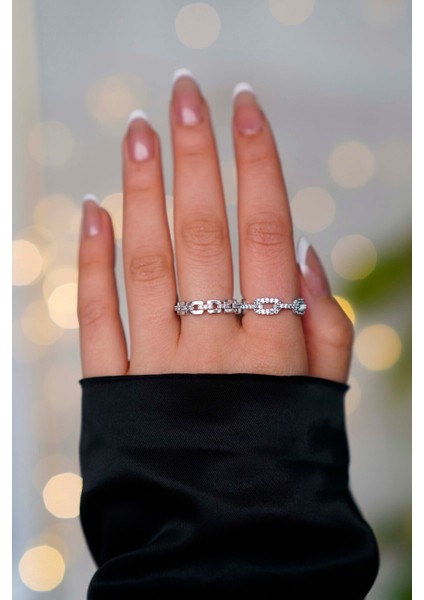 2'li Zirkon Taşlı Zincir Model Gümüş Ayarlanabilir Kadın Yüzük Set (2 Yüzük) modelleri