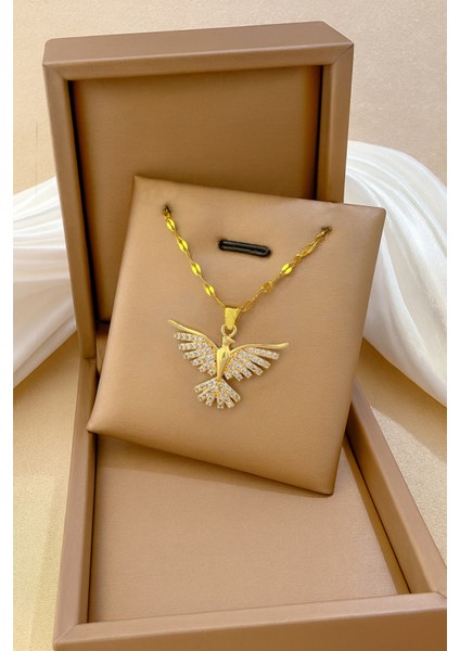 Zirkon Anka Kuşu Çelik Kolye Kararmaz Gold Zirkon Taşlı Çelik Kolye