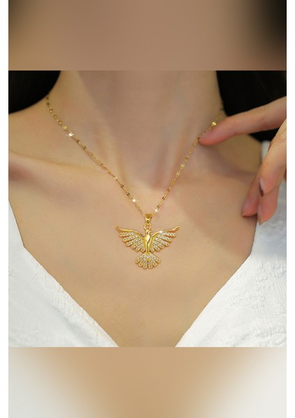 Zirkon Anka Kuşu Çelik Kolye Kararmaz Gold Zirkon Taşlı Çelik Kolye fırsatları
