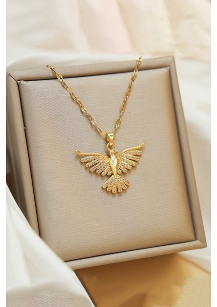 Zirkon Anka Kuşu Çelik Kolye Kararmaz Gold Zirkon Taşlı Çelik Kolye indirimleri